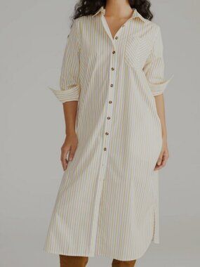 Universal Standard Odeon Stretch Poplin Shirt Dress, yellow multi stripe Size M